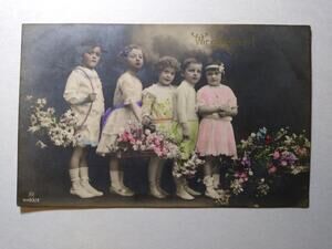 Vintage RPPC German Children Flowers "Wir gratulieren!" Hand Tinted Postcard